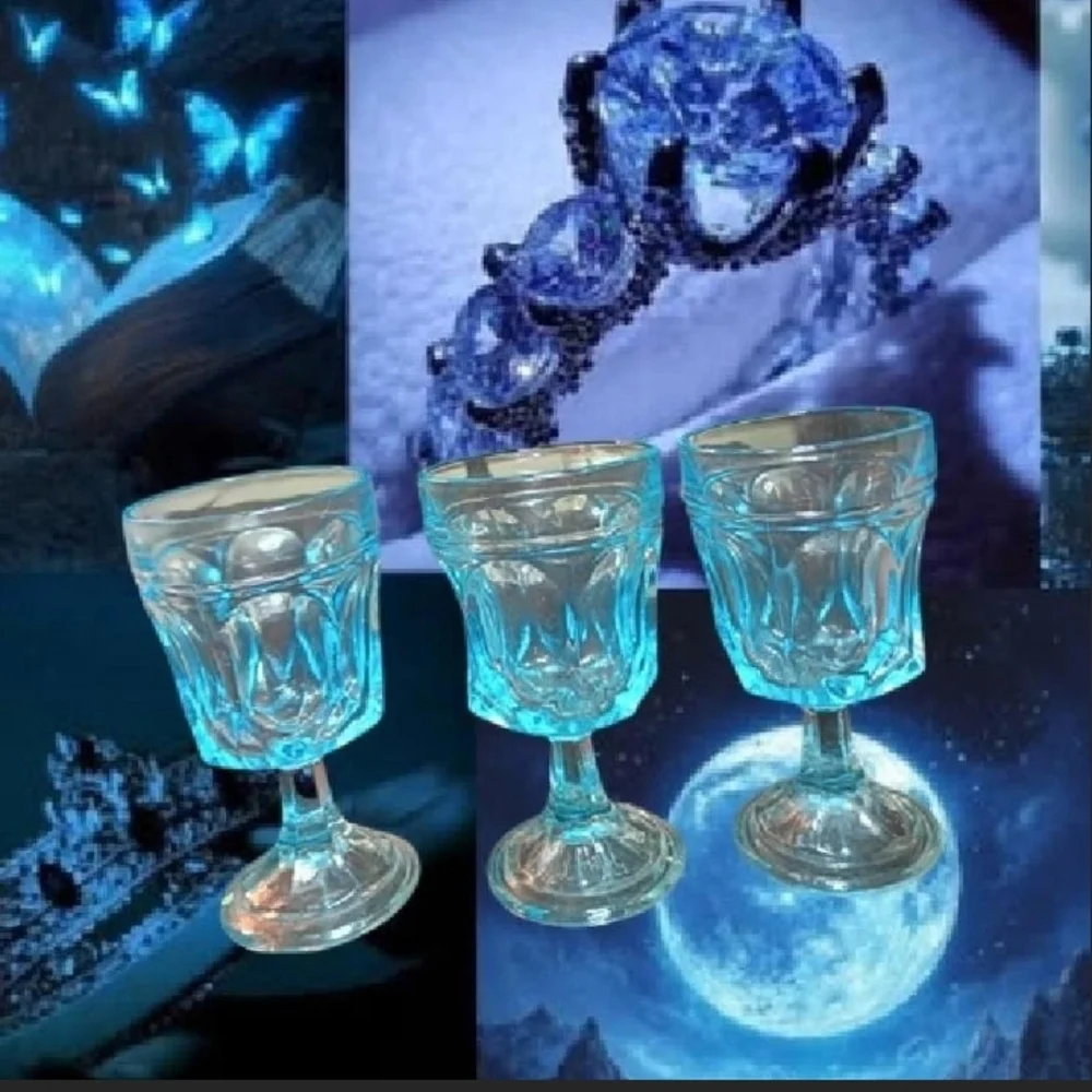 3 Vintage 70s Anchor Hocking Sky Blue Colored Goblets In The Fairfield Pattern